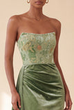 Green Corset Floral Strapless Ruched Long Velvet Holiday Dress with Side Cape
