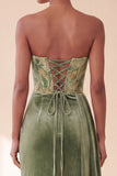 Green Corset Floral Strapless Ruched Long Velvet Holiday Dress with Side Cape