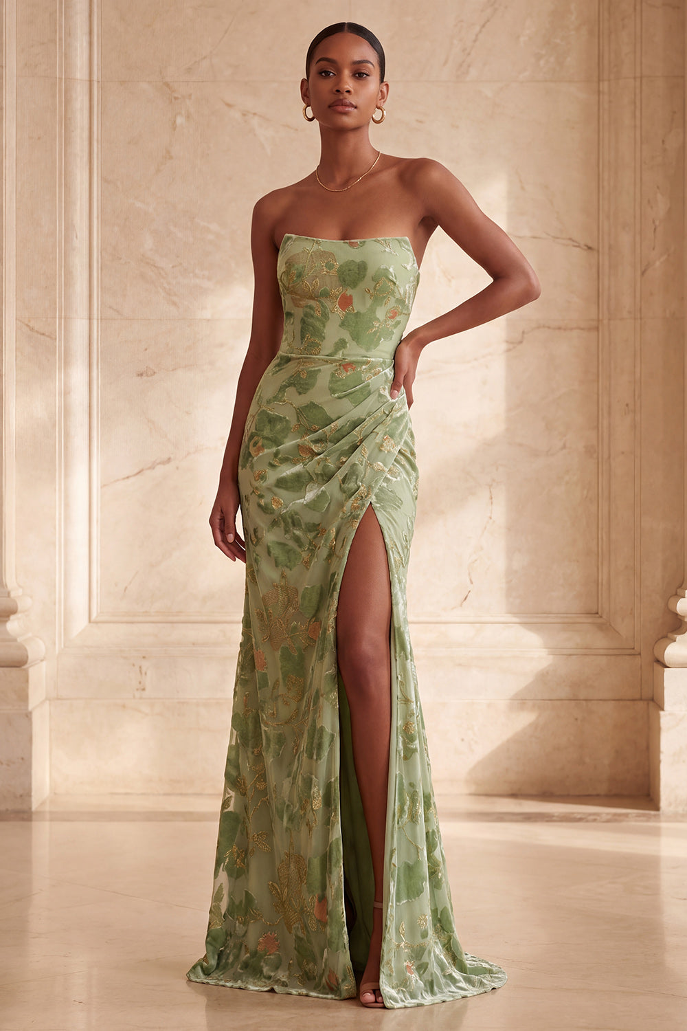 Green Floral Mermaid Strapless Ruched Long Velvet Holiday Dress with Slit