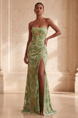 Green Floral Mermaid Strapless Ruched Long Velvet Holiday Dress with Slit