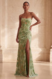 Green Floral Mermaid Strapless Ruched Long Velvet Holiday Dress with Slit