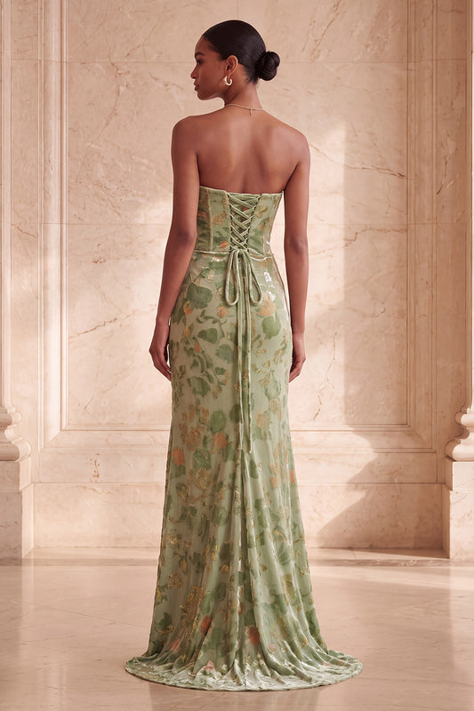 Green Floral Mermaid Strapless Ruched Long Velvet Holiday Dress with Slit