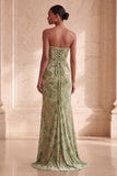 Green Floral Mermaid Strapless Ruched Long Velvet Holiday Dress with Slit