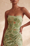 Green Floral Mermaid Strapless Ruched Long Velvet Holiday Dress with Slit