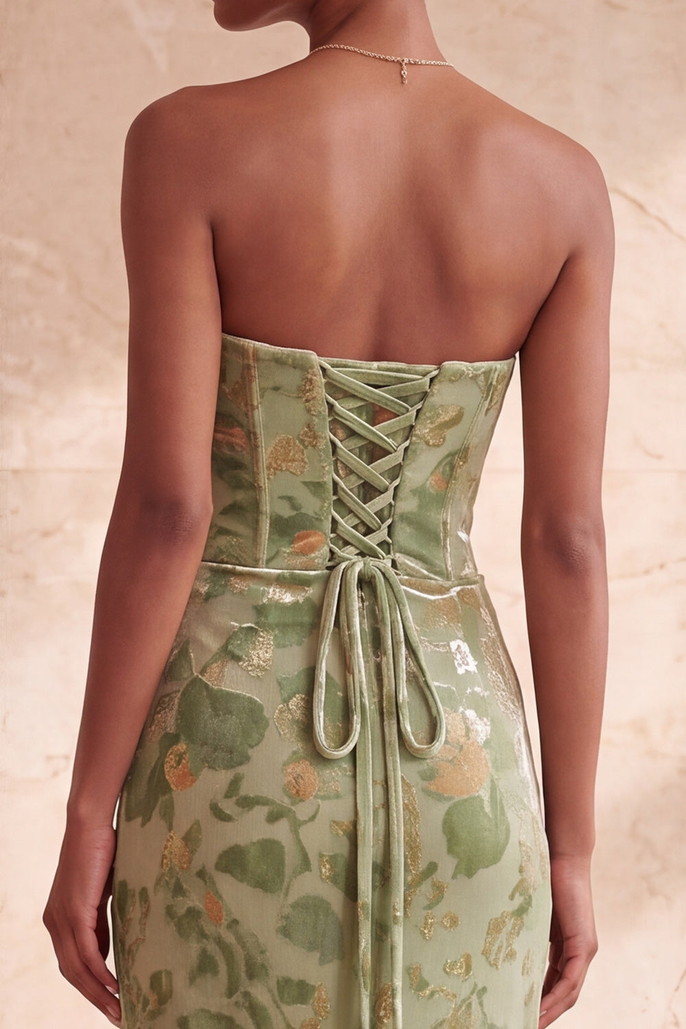 Green Floral Mermaid Strapless Ruched Long Velvet Holiday Dress with Slit
