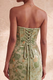 Green Floral Mermaid Strapless Ruched Long Velvet Holiday Dress with Slit