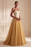 Ginger Yellow Floral Corset A-Line Sweetheart Long Formal Dress