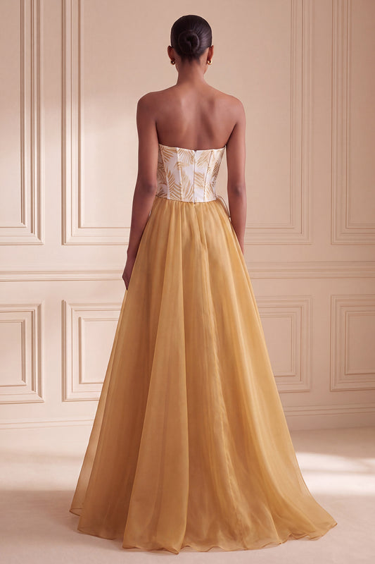 Ginger Yellow Floral Corset A-Line Sweetheart Long Formal Dress