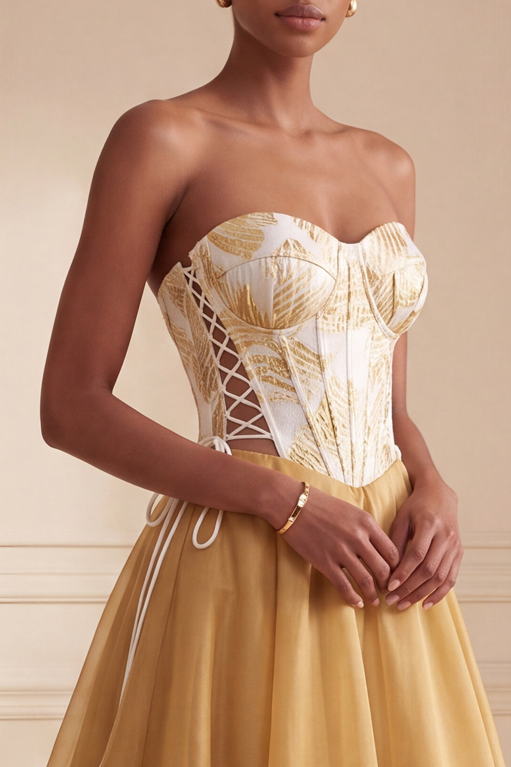 Ginger Yellow Floral Corset A-Line Sweetheart Long Formal Dress