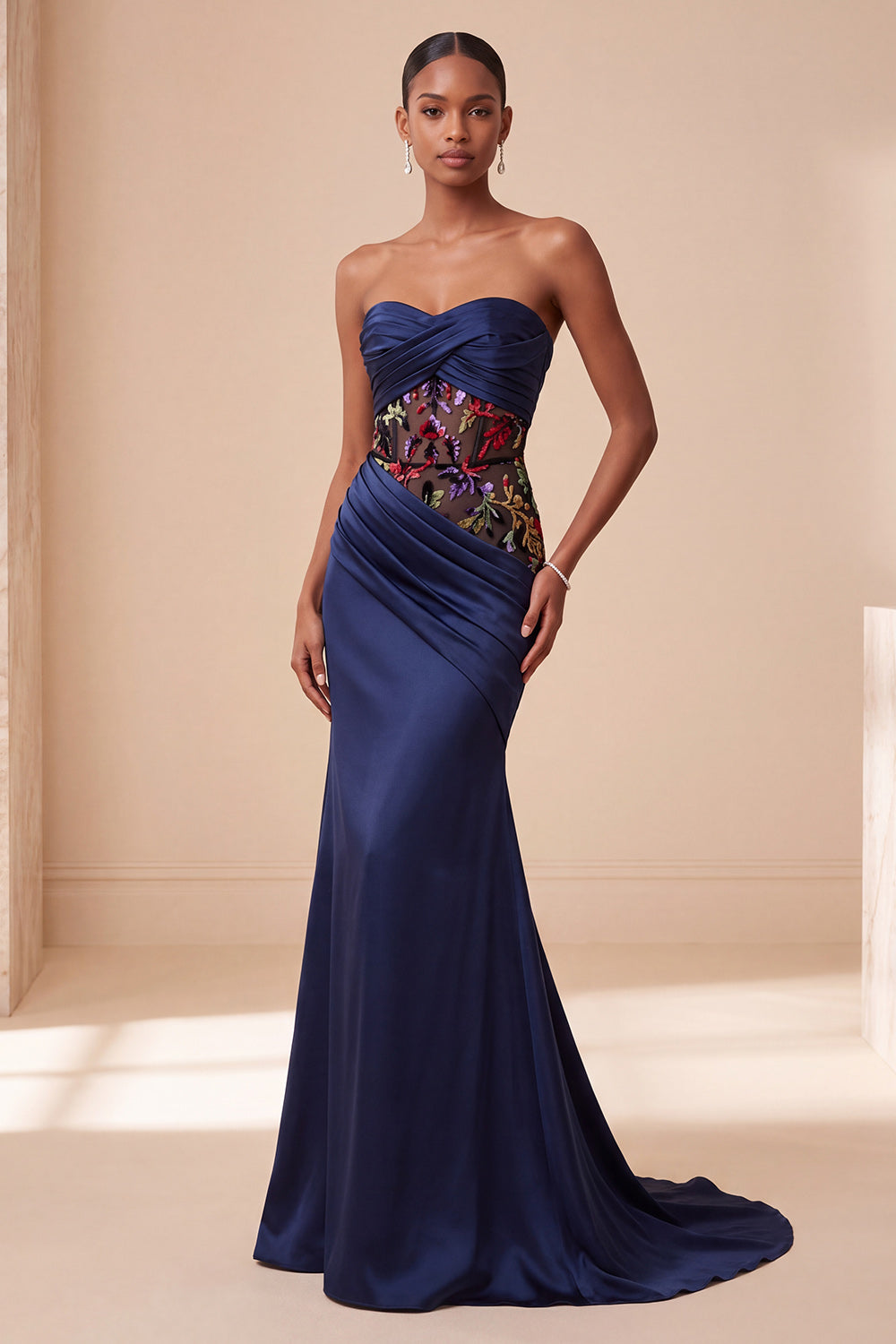 Navy Corset Floral Draped Sweetheart Satin Mermaid Long Evening Dress