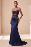Navy Corset Floral Draped Sweetheart Satin Mermaid Long Evening Dress