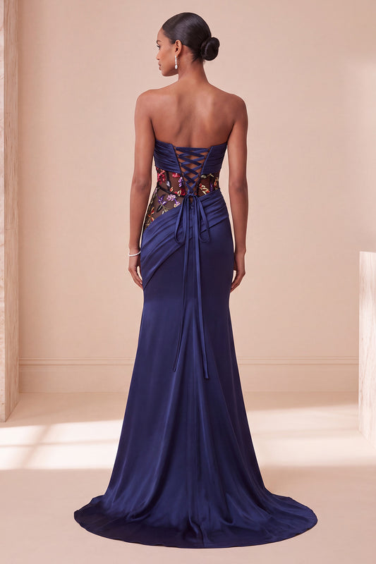 Navy Corset Floral Draped Sweetheart Satin Mermaid Long Evening Dress