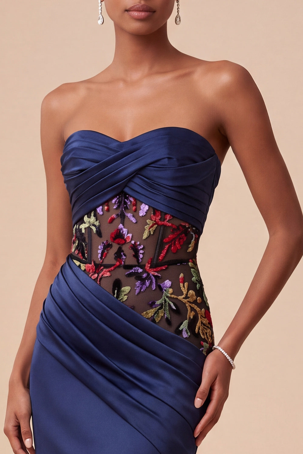 Navy Corset Floral Draped Sweetheart Satin Mermaid Long Evening Dress