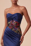 Navy Corset Floral Draped Sweetheart Satin Mermaid Long Evening Dress