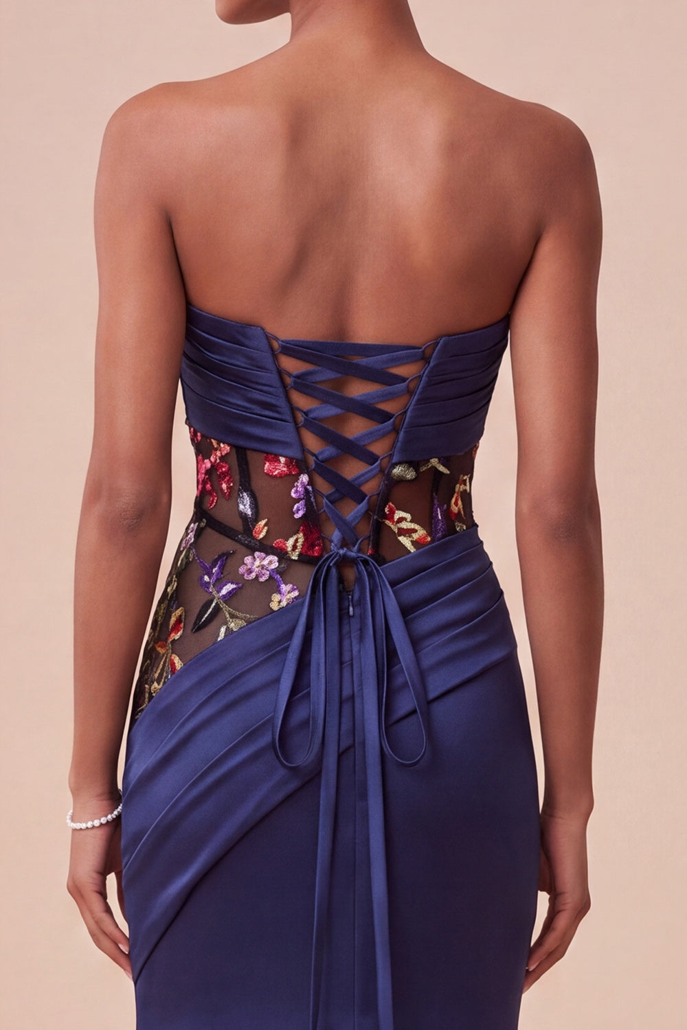 Navy Corset Floral Draped Sweetheart Satin Mermaid Long Evening Dress