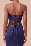 Navy Corset Floral Draped Sweetheart Satin Mermaid Long Evening Dress