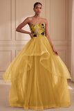 Ginger Yellow Strapless Tulle Floral Tiered Long Prom Dress