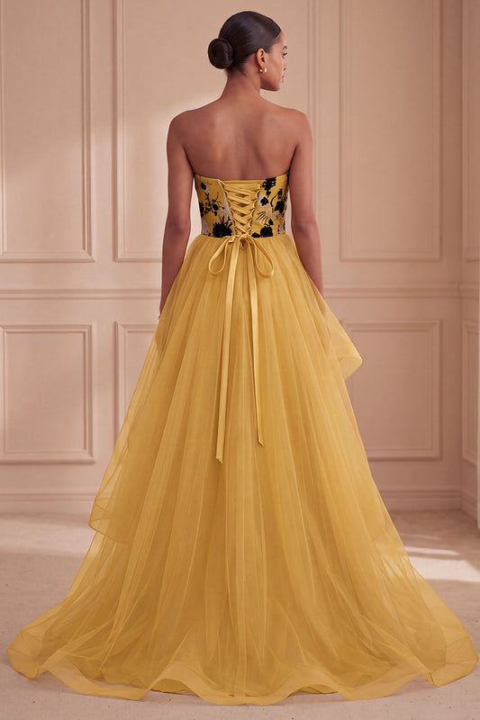 Ginger Yellow Floral Strapless Ball Gown Tiered Long Prom Dress
