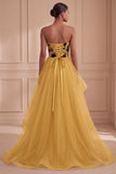 Ginger Yellow Strapless Tulle Floral Tiered Long Prom Dress