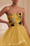 Ginger Yellow Strapless Tulle Floral Tiered Long Prom Dress