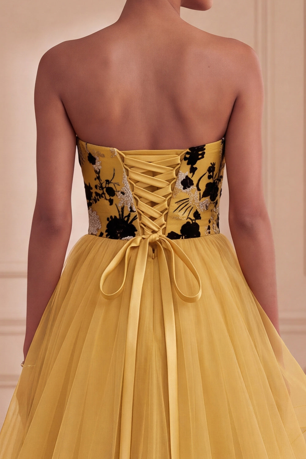 Ginger Yellow Strapless Tulle Floral Tiered Long Prom Dress