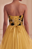 Ginger Yellow Strapless Tulle Floral Tiered Long Prom Dress