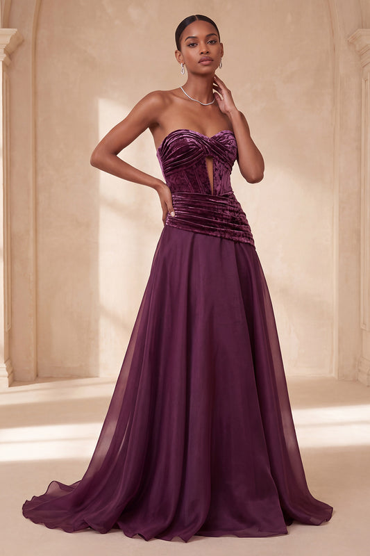 Vintage Mauve Corset Velvet A Line Ruched Keyhole Long Formal Dress