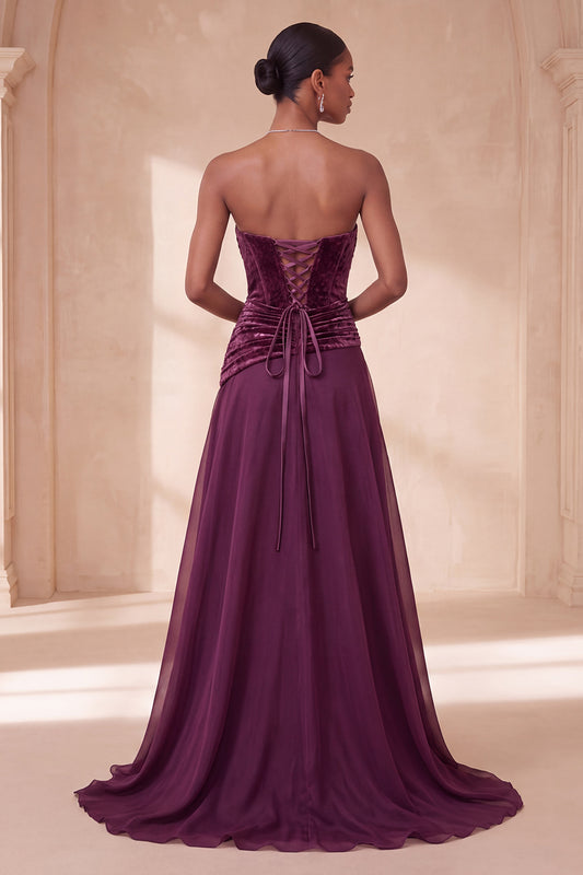 Vintage Mauve Corset Velvet A Line Ruched Keyhole Long Formal Dress