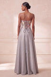 Sparkly Grey Floral Satin Sequin Corset A-Line Long Evening Dress with Pocket