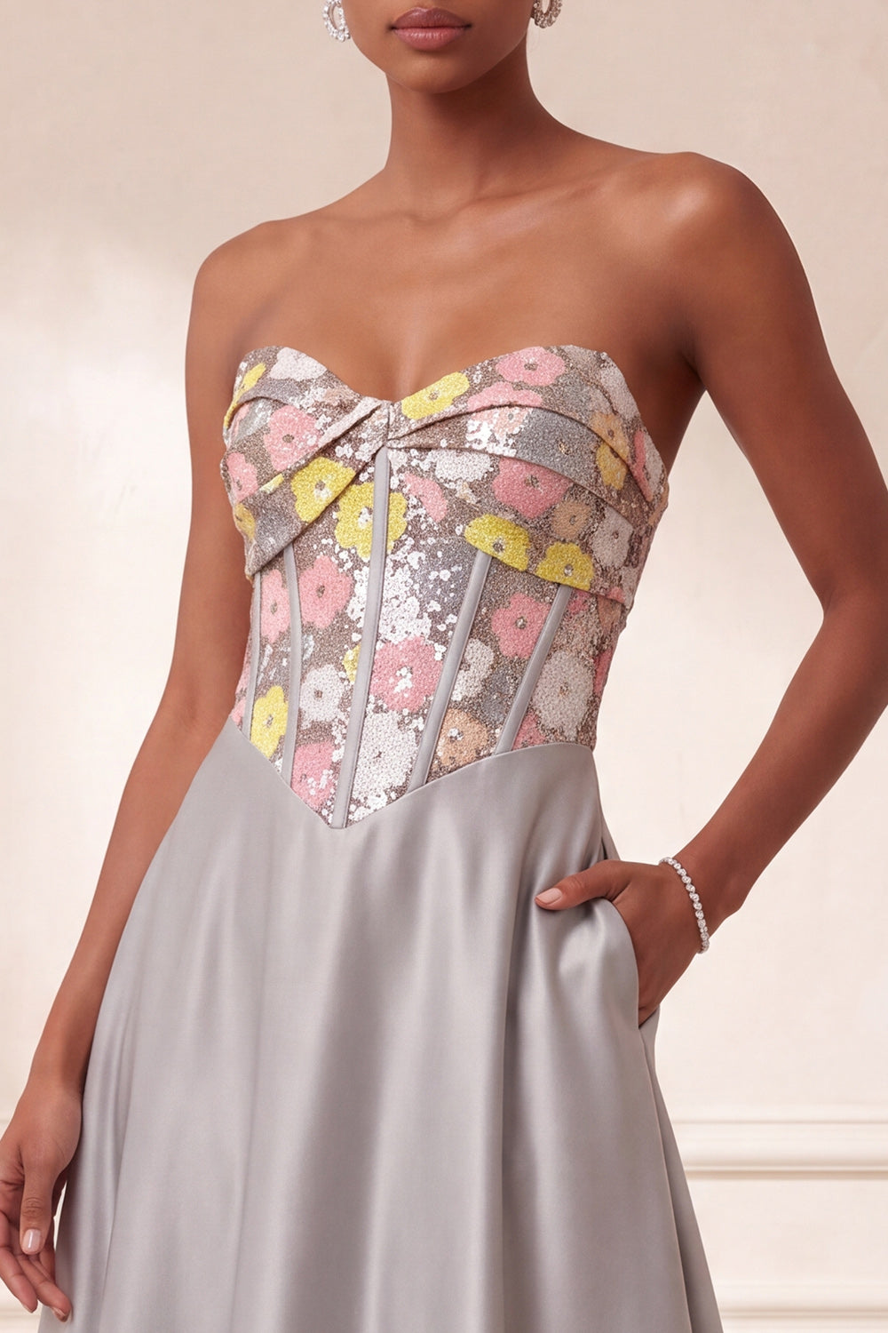 Sparkly Grey Floral Satin Sequin Corset A-Line Long Evening Dress with Pocket