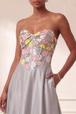 Sparkly Grey Floral Satin Sequin Corset A-Line Long Evening Dress with Pocket