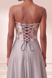 Sparkly Grey Floral Satin Sequin Corset A-Line Long Evening Dress with Pocket