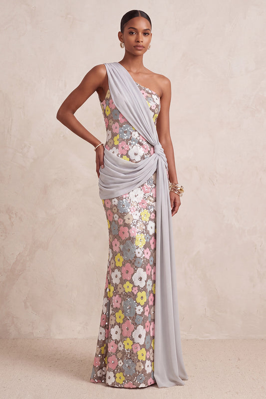 Sparkly Light Pink Sequin Floral Sheath Long Evening Dress with Sash