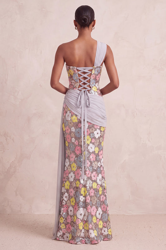Sparkly Light Pink Sequin Floral Sheath Long Evening Dress with Sash