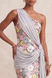 Sparkly Light Pink Sequin Floral Sheath Long Evening Dress with Sash
