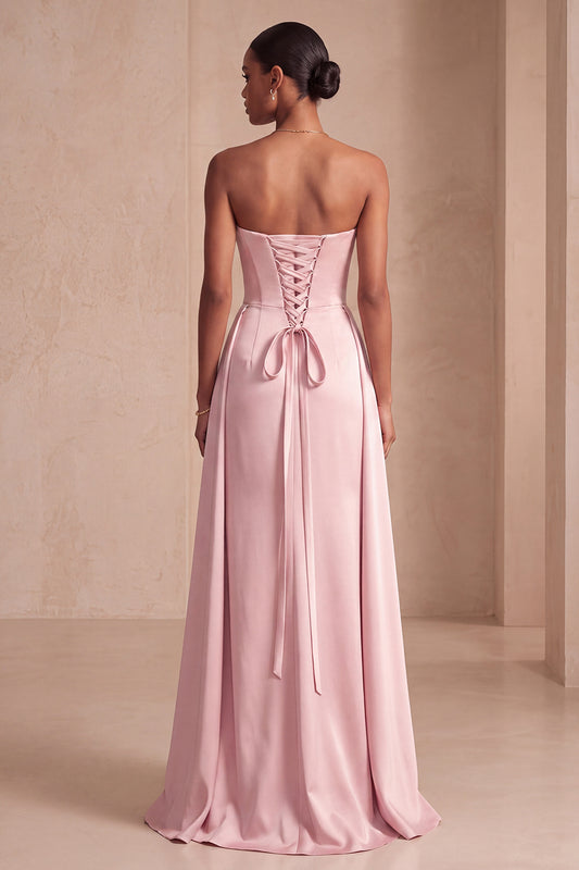 Pink Sheath Satin Strapless Ruched Long Formal Dress with Cape