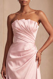 Pink Sheath Satin Strapless Ruched Long Formal Dress with Cape