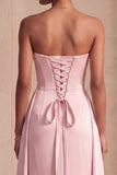 Pink Sheath Satin Strapless Ruched Long Formal Dress with Cape