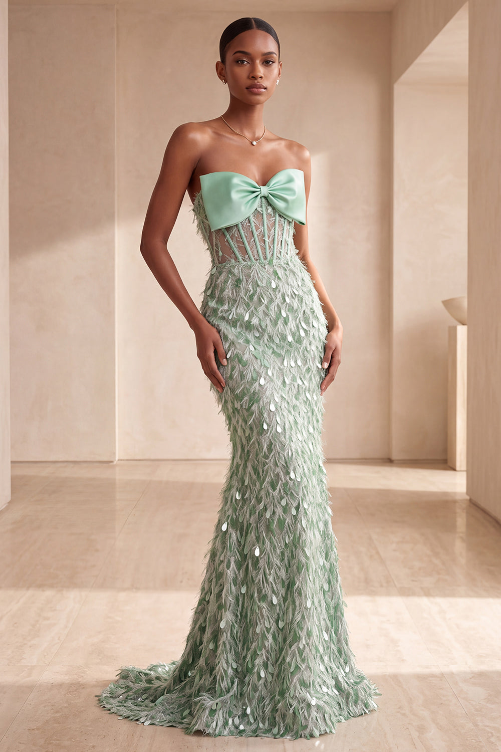 Sparkly Sage Green Corset Feathered Long Prom Dress with Bow