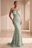 Sparkly Sage Green Corset Feathered Long Prom Dress with Bow