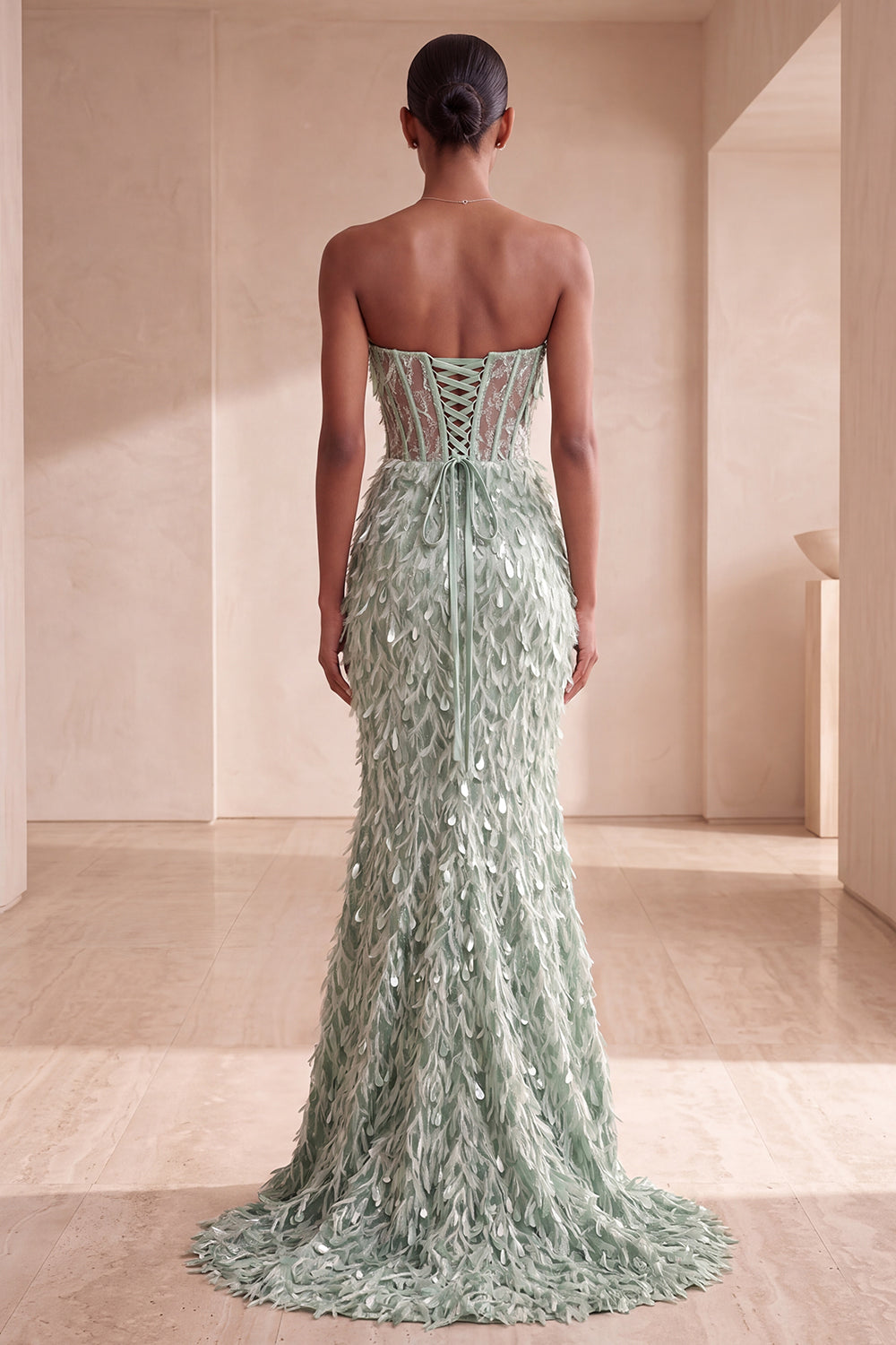 Sparkly Sage Green Corset Feathered Long Prom Dress with Bow