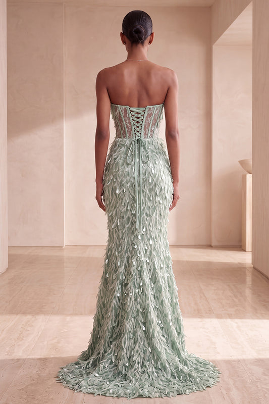 Sparkly Sage Green Feathered Sequin Corset Mermaid Long Evening Dress with Bow