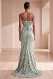 Sparkly Sage Green Corset Feathered Long Prom Dress with Bow