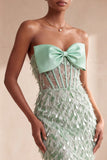 Sparkly Sage Green Corset Feathered Long Prom Dress with Bow