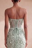 Sparkly Sage Green Corset Feathered Long Prom Dress with Bow
