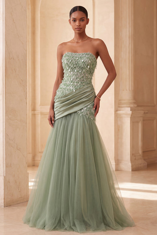 Sparkly Sage Green Tulle Feathered Sequin Mermaid Draped Long Evening Dress