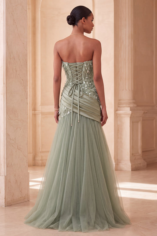 Sparkly Sage Green Tulle Feathered Sequin Mermaid Draped Long Evening Dress