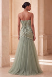 Sparkly Sage Green Tulle Feathered Sequin Mermaid Draped Long Evening Dress