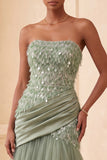 Sparkly Sage Green Tulle Feathered Sequin Mermaid Draped Long Evening Dress