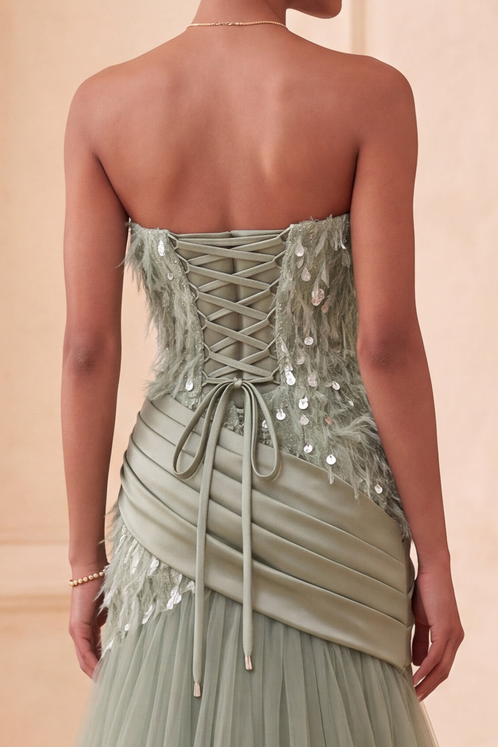 Sparkly Sage Green Tulle Feathered Sequin Mermaid Draped Long Evening Dress